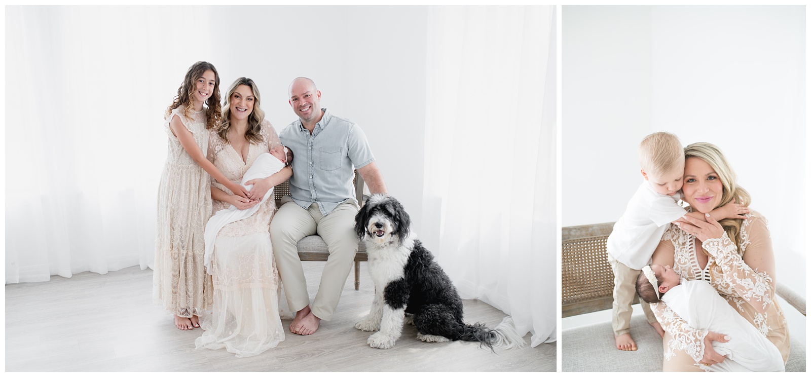 Family of four with sheepadoodle for their new baby girls newborn session