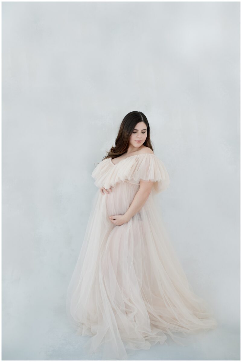 expecting mom posing for her newborn photos wearing a beautiful nude color tulle dress against a baby blue hand painted backdrop